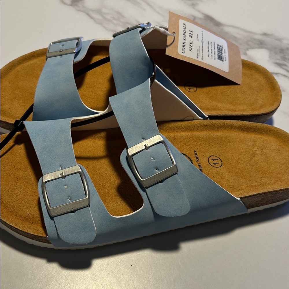 Sky Blue Cork Sandals with Dual Buckles - Picture 2 of 3